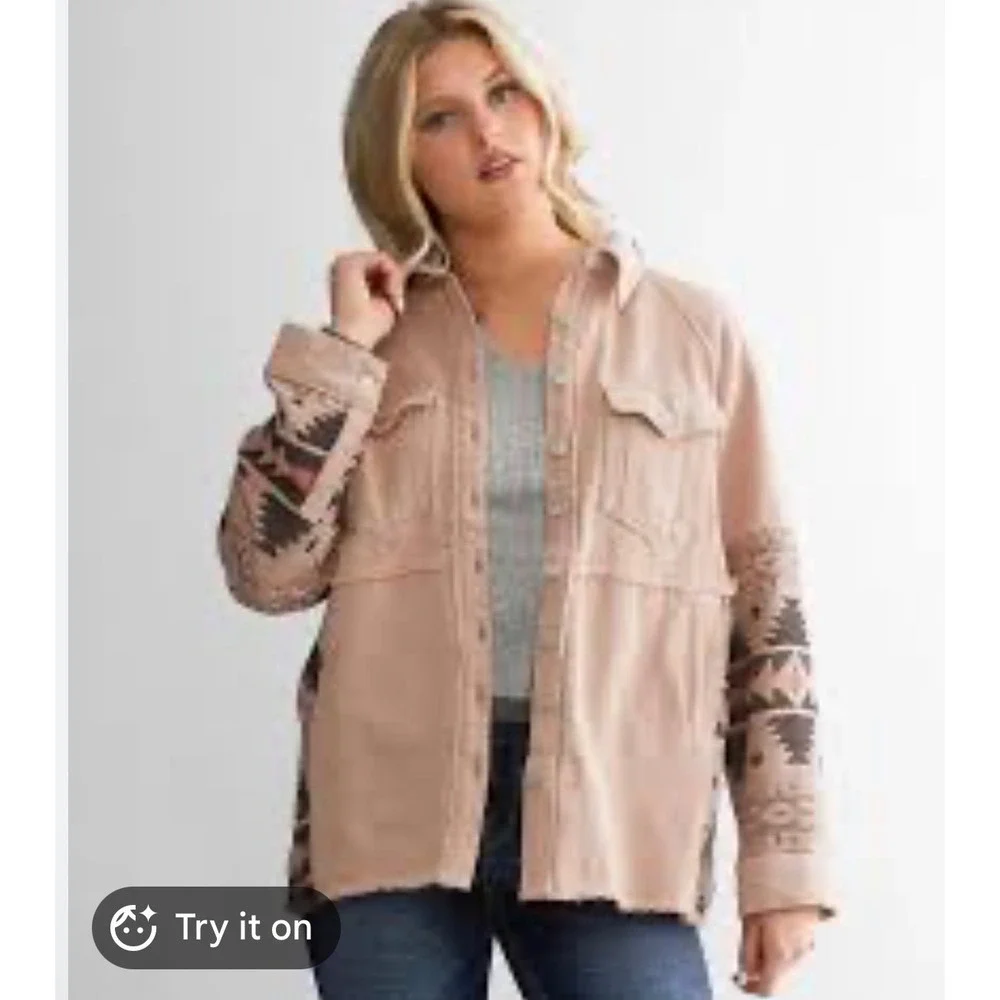 Olie & Hali  Hooded Shacket Large Peach Southwestern Distressed Boho jacket